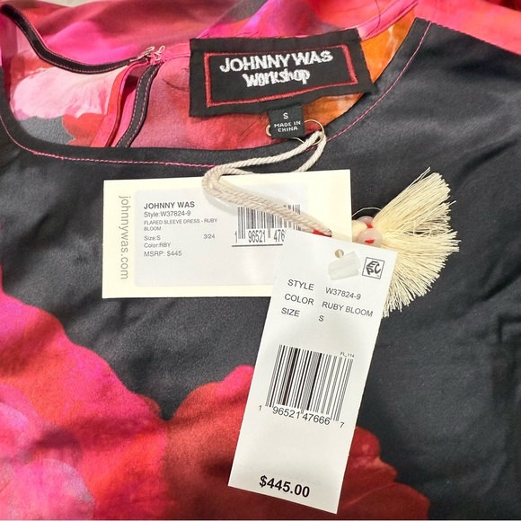 Johnny Was Small Flared Sleeve Bias Cut Silk Floral Midi Dress NWT $445 Ruby - Picture 11 of 12